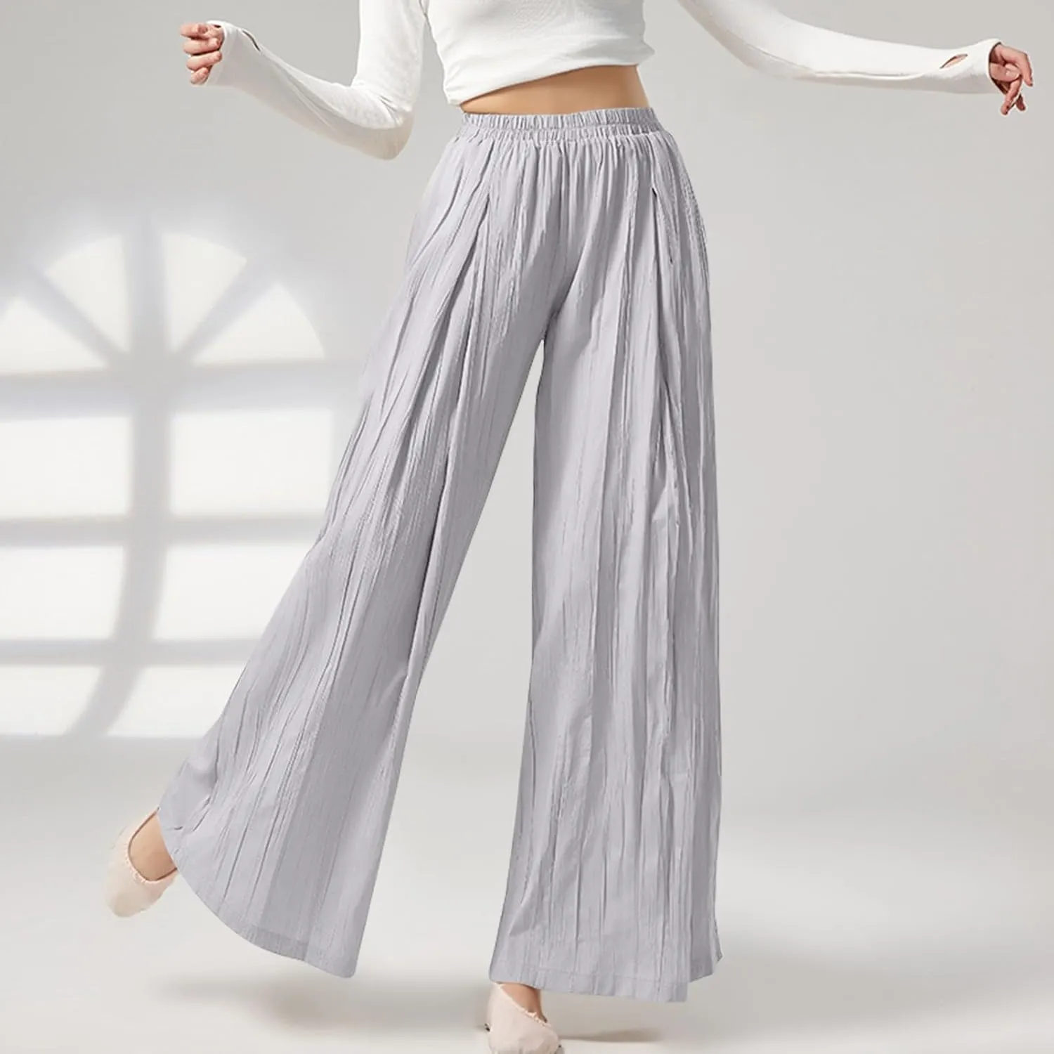 Women's Linen Pants Elastic High Waisted Pull on Palazzo Pants with Pockets Ralexed Fit Casual Flowy Summer Pants