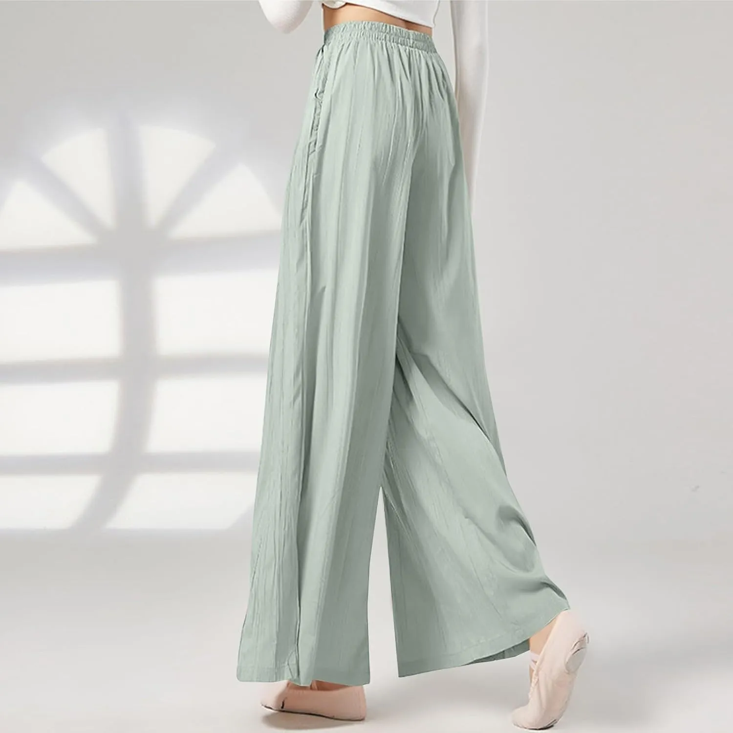 Women's Linen Pants Elastic High Waisted Pull on Palazzo Pants with Pockets Ralexed Fit Casual Flowy Summer Pants