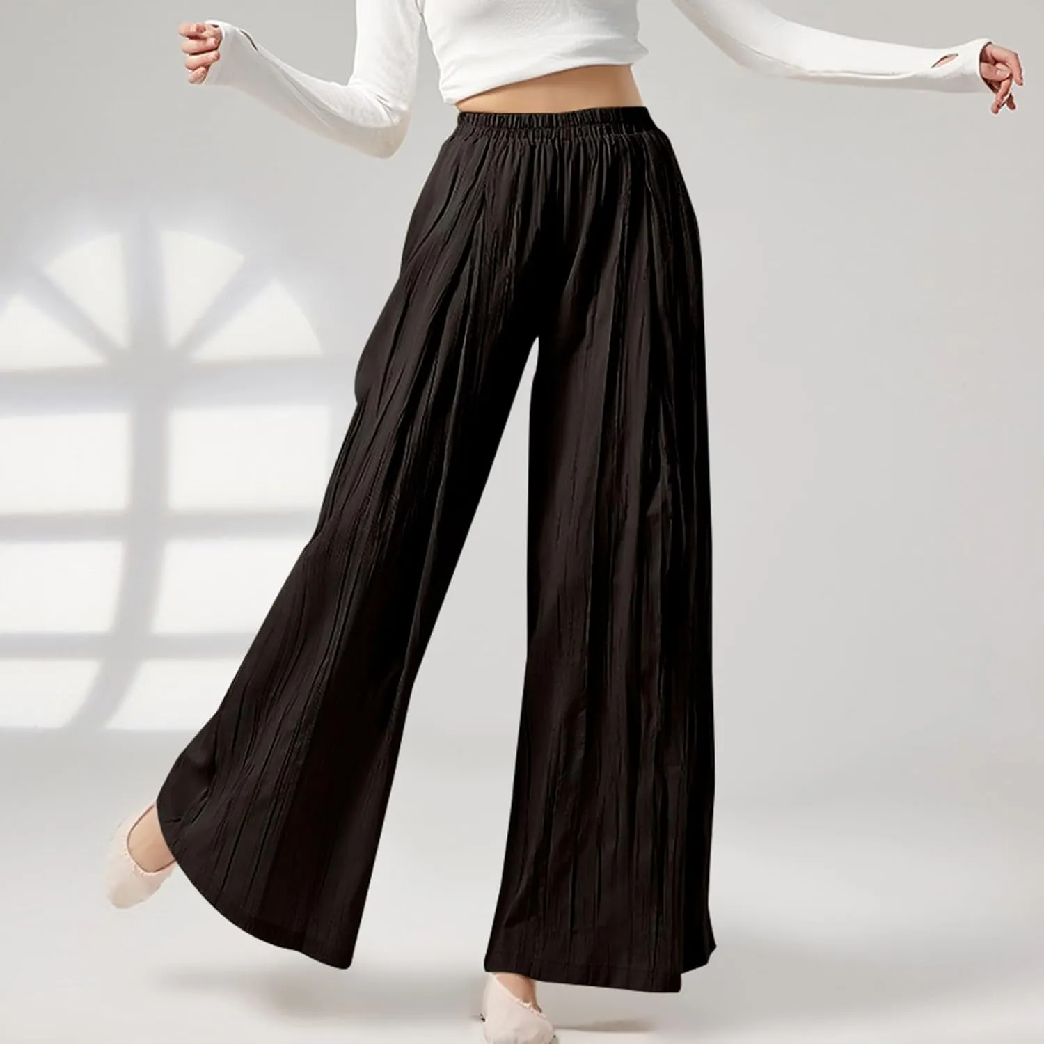 Women's Linen Pants Elastic High Waisted Pull on Palazzo Pants with Pockets Ralexed Fit Casual Flowy Summer Pants