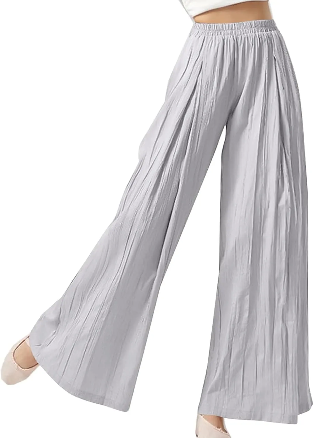 Women's Linen Pants Elastic High Waisted Pull on Palazzo Pants with Pockets Ralexed Fit Casual Flowy Summer Pants