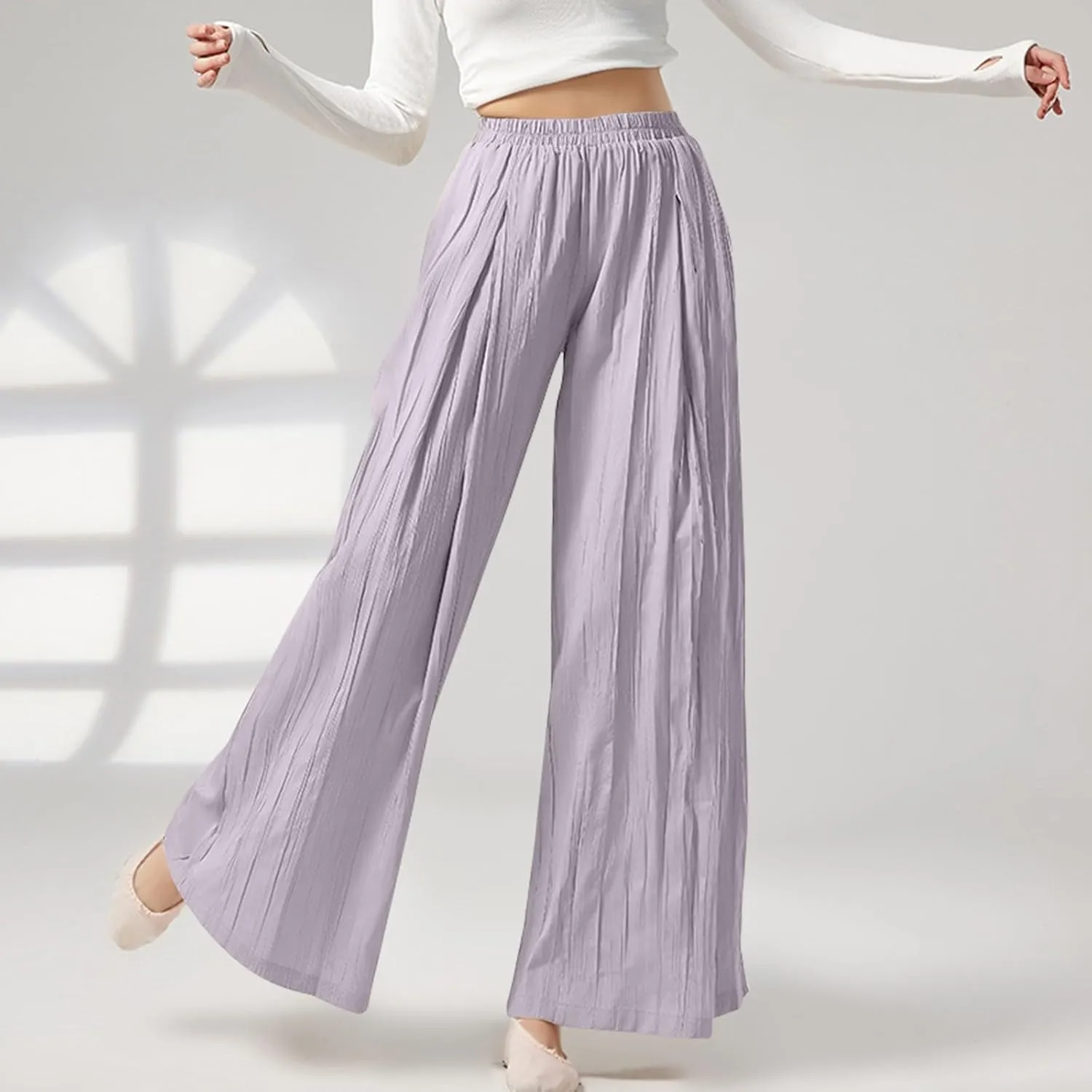 Women's Linen Pants Elastic High Waisted Pull on Palazzo Pants with Pockets Ralexed Fit Casual Flowy Summer Pants