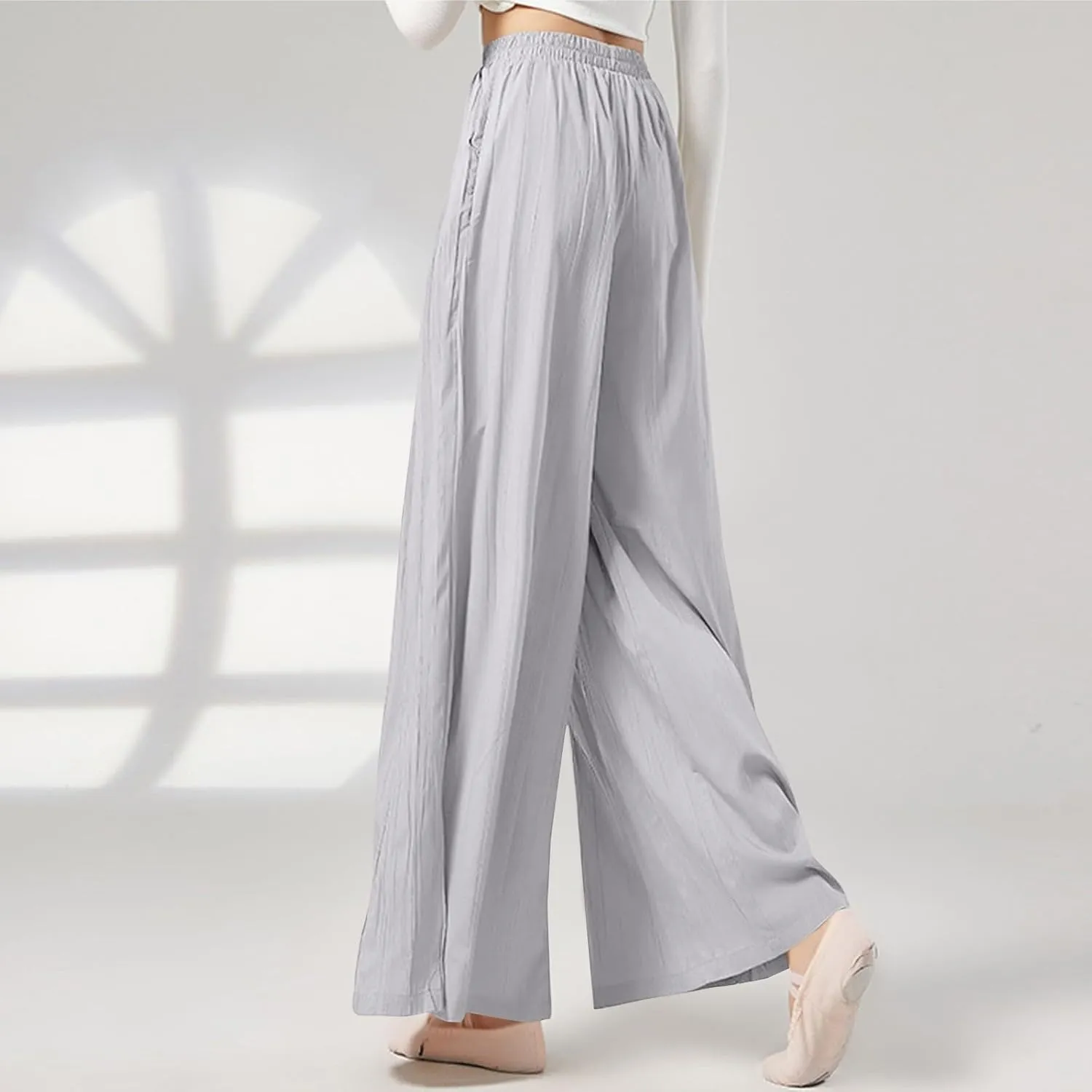 Women's Linen Pants Elastic High Waisted Pull on Palazzo Pants with Pockets Ralexed Fit Casual Flowy Summer Pants