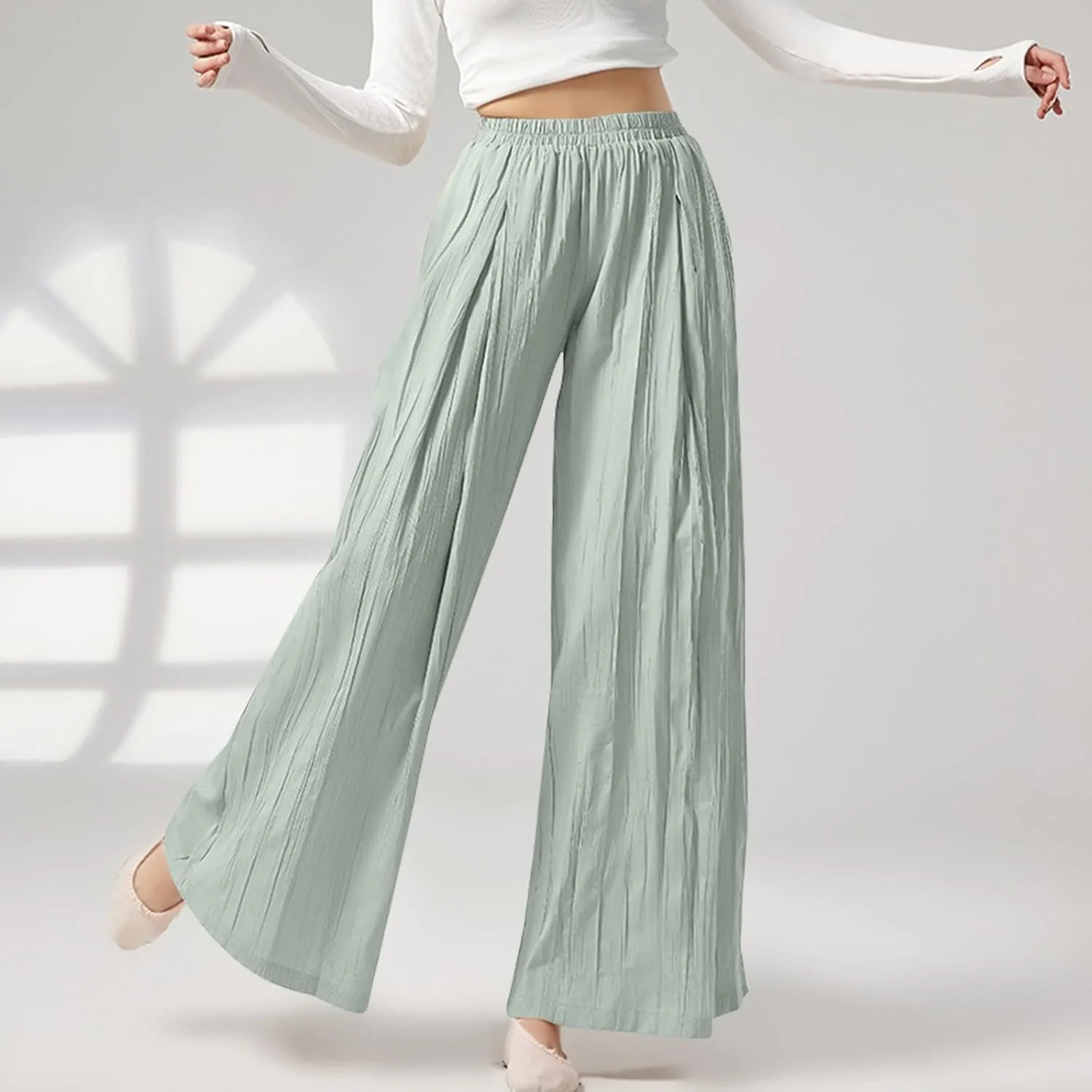 Women's Linen Pants Elastic High Waisted Pull on Palazzo Pants with Pockets Ralexed Fit Casual Flowy Summer Pants