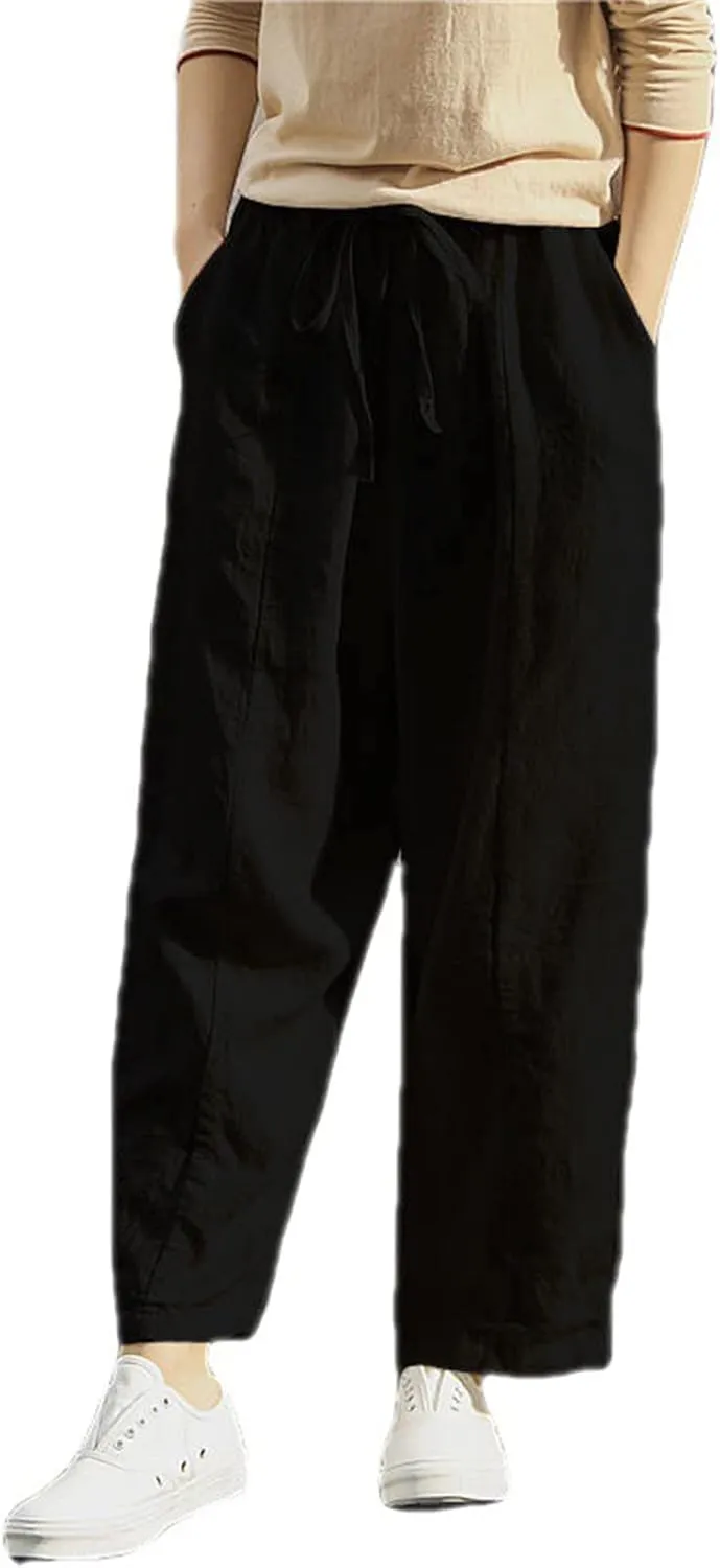 Womens Linen Pants Summer Casual Drawstring Pants Beach Boho Slacks Plus Size Lightweight Comfy Workout Crop Trousers