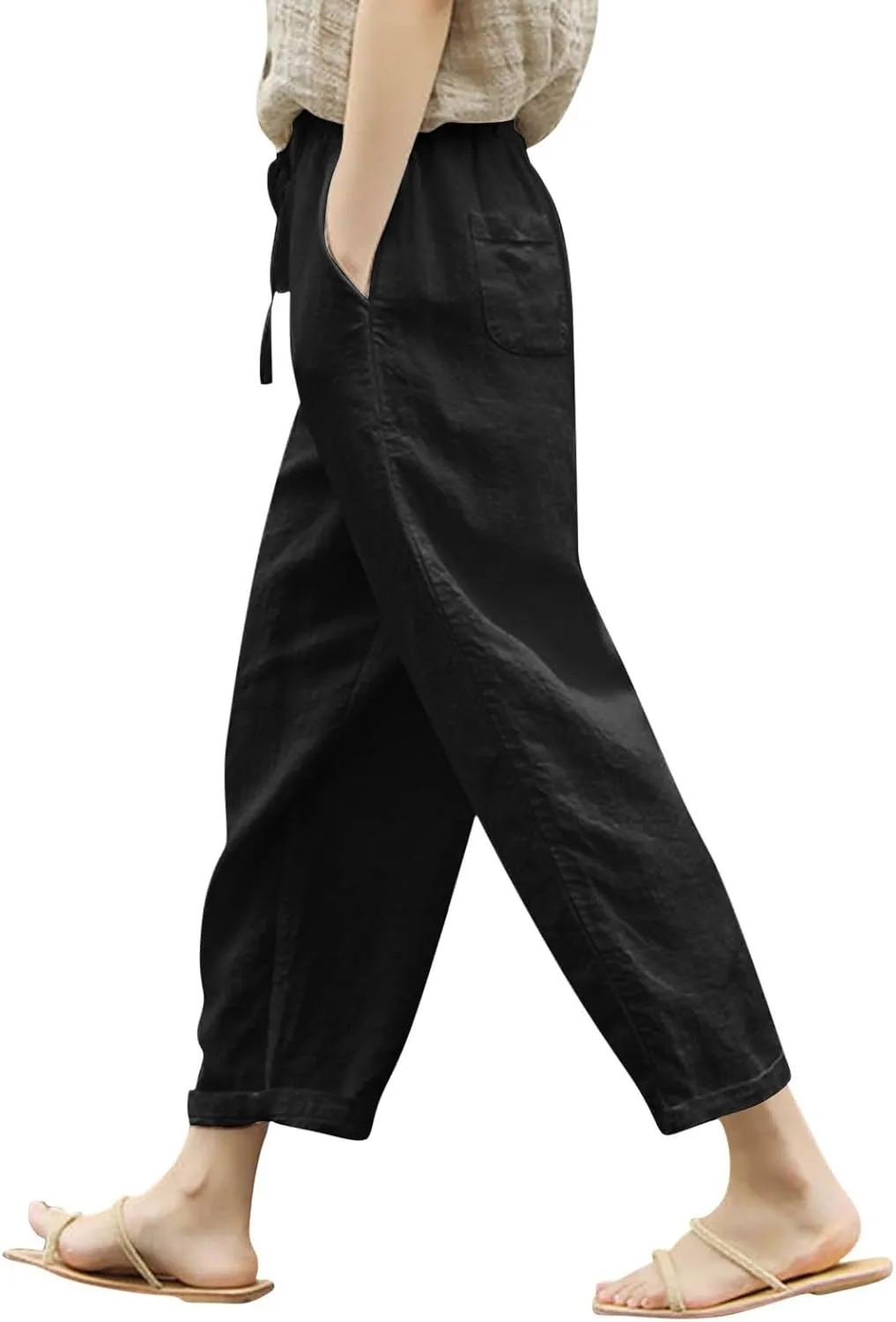 Womens Linen Pants Summer Casual Drawstring Pants Beach Boho Slacks Plus Size Lightweight Comfy Workout Crop Trousers