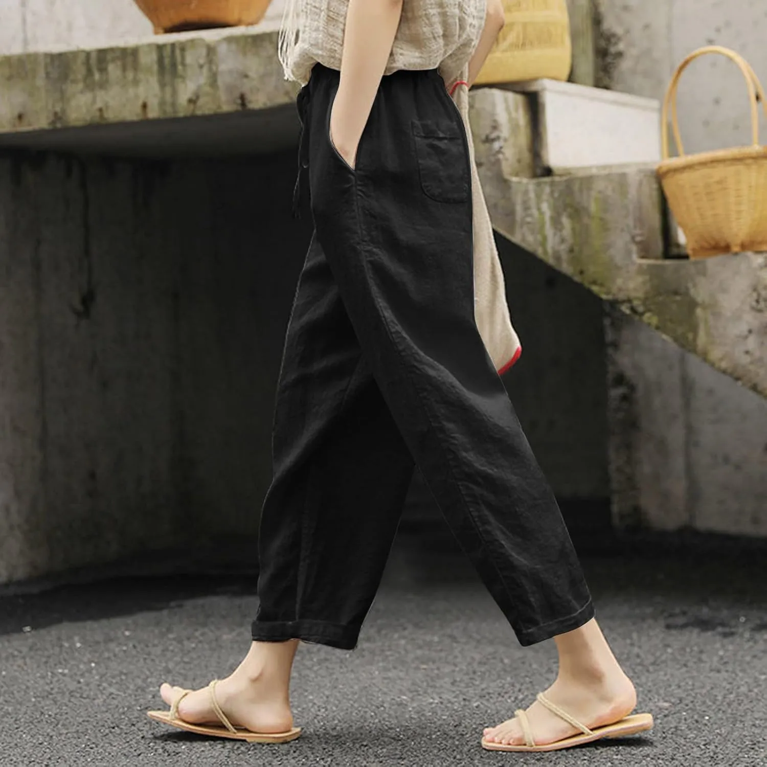 Womens Linen Pants Summer Casual Drawstring Pants Beach Boho Slacks Plus Size Lightweight Comfy Workout Crop Trousers