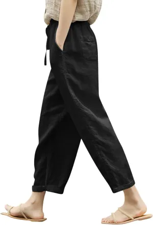 Womens Linen Pants Summer Casual Drawstring Pants Beach Boho Slacks Plus Size Lightweight Comfy Workout Crop Trousers