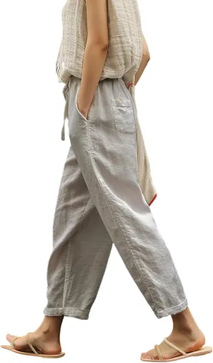 Womens Linen Pants with Pockets High Waist Comfy White Casual Pants Lightweight Loose Trousers
