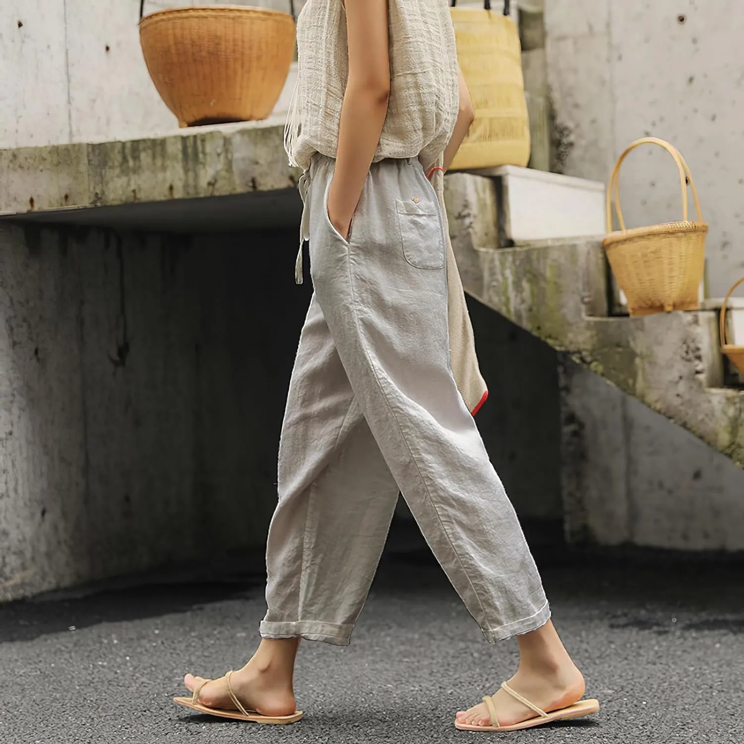 Womens Linen Pants with Pockets High Waist Comfy White Casual Pants Lightweight Loose Trousers
