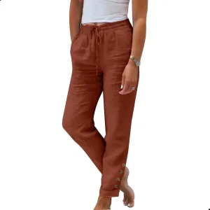 Womens Linen Pants with Pockets High Waist Comfy White Summer Pants Lightweight Loose Trousers