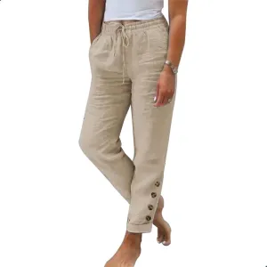 Womens Linen Pants with Pockets High Waist Comfy White Summer Pants Lightweight Loose Trousers