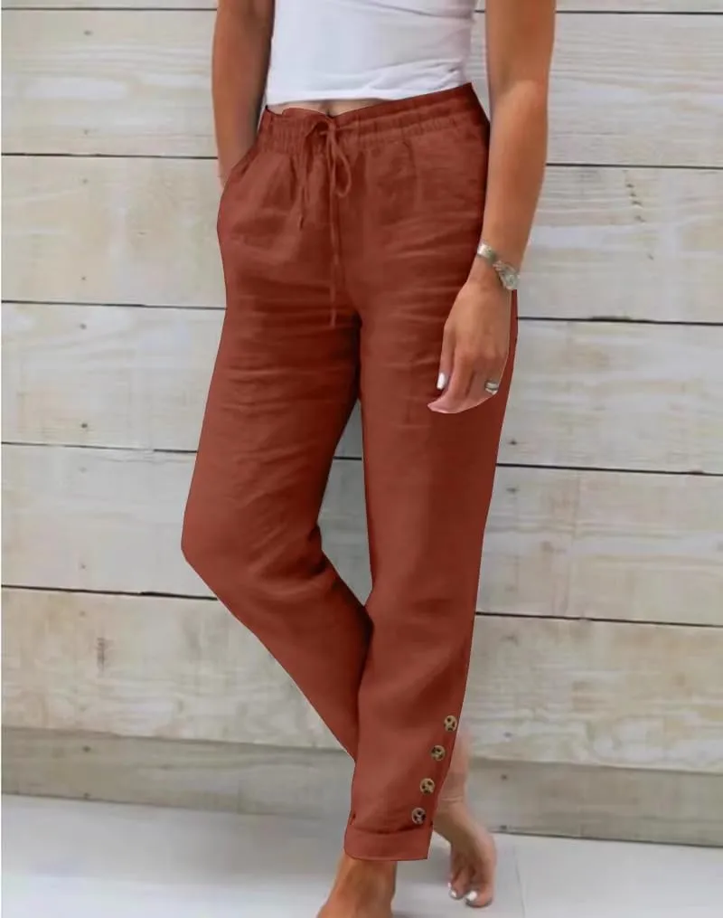 Womens Linen Pants with Pockets High Waist Comfy White Summer Pants Lightweight Loose Trousers