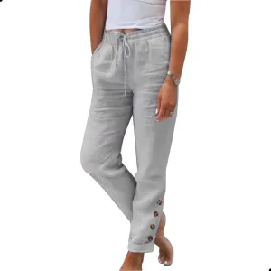 Womens Linen Pants with Pockets High Waist Comfy White Summer Pants Lightweight Loose Trousers