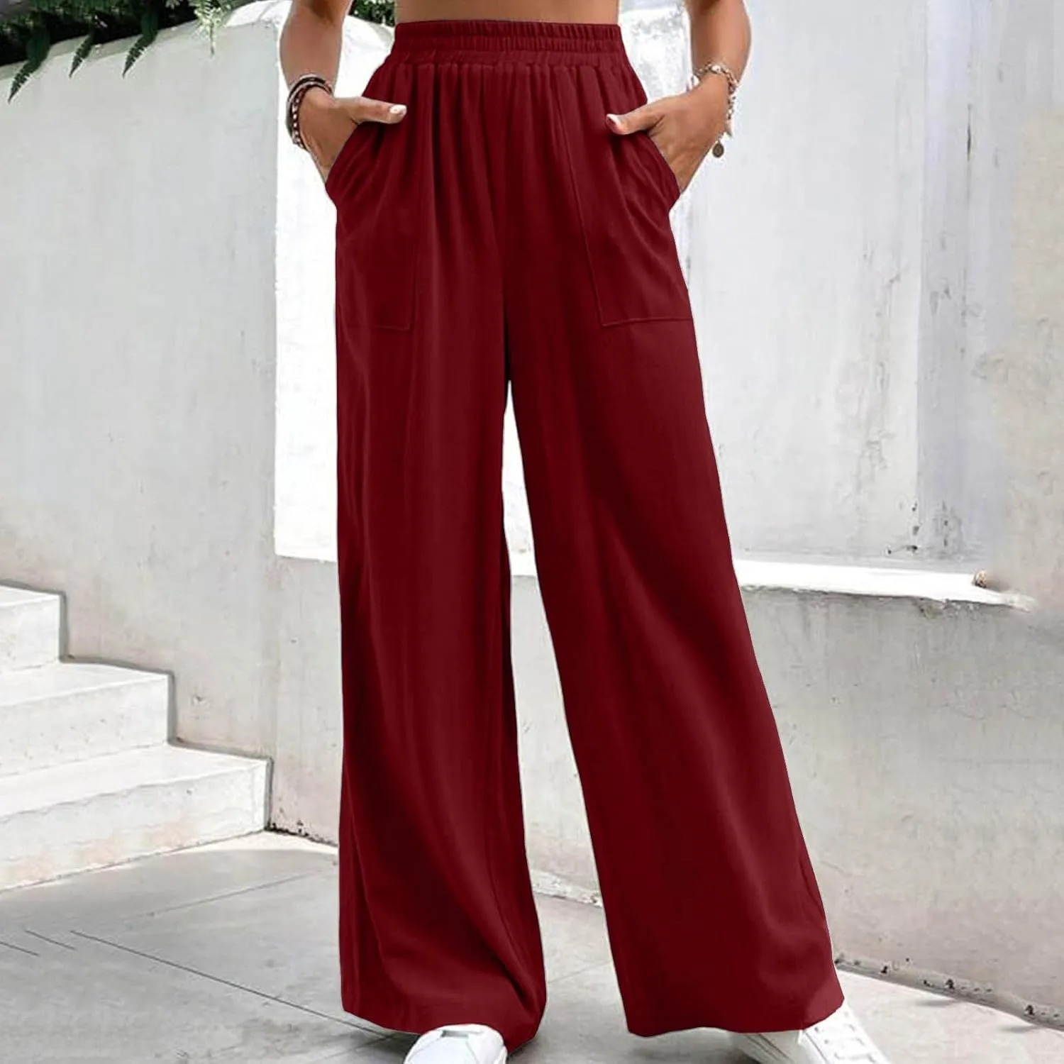 Women's Linen Summer Drawstring Palazzo Pants Low Waist Baggy Stretchy Slim Fit Pant Trousers Business Work