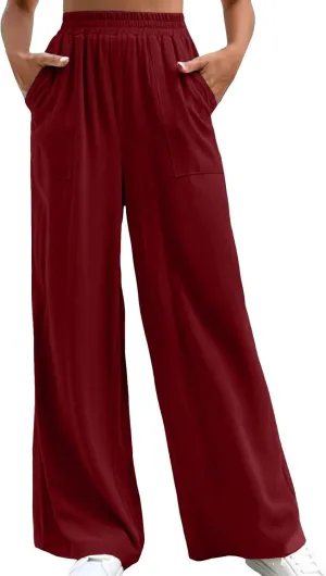 Women's Linen Summer Drawstring Palazzo Pants Low Waist Baggy Stretchy Slim Fit Pant Trousers Business Work