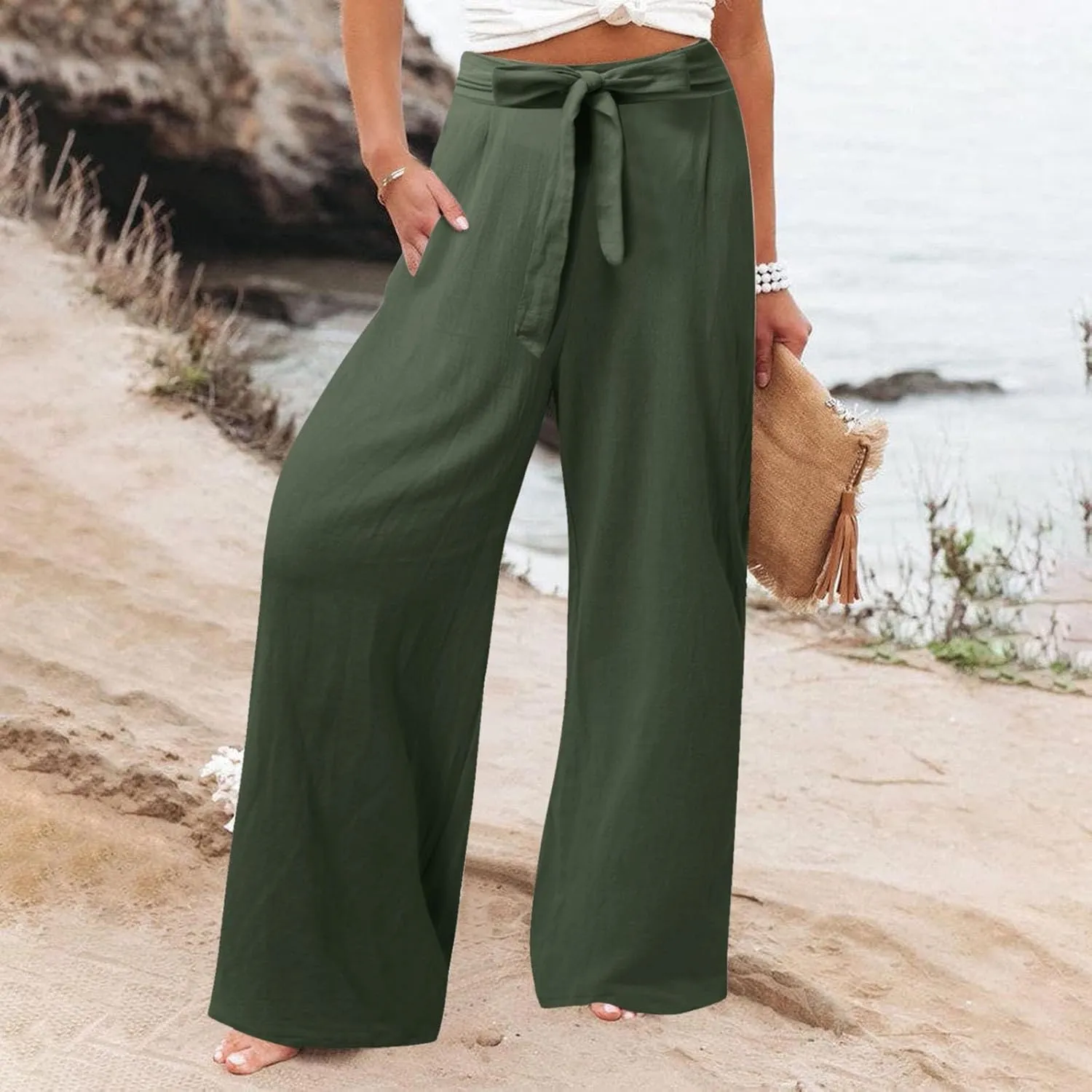 Womens Linen Summer Flowy Pants Elastic Waist Lounge Pants Slim Fit Trouser Travel