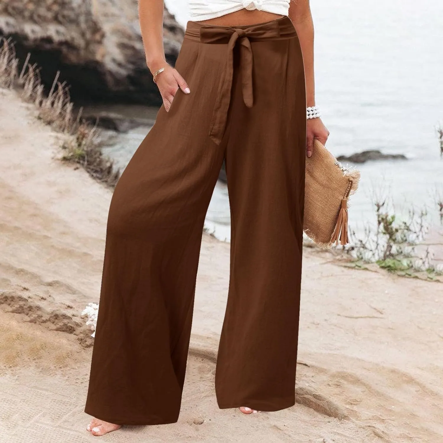 Women's Linen Summer Loose Pants Elastic Waist Long Lounge Slim-Fit Trouser Business Work