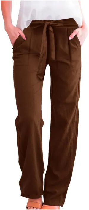 Women's Linen Summer Loose Pants Elastic Waist Long Lounge Slim-Fit Trouser Business Work