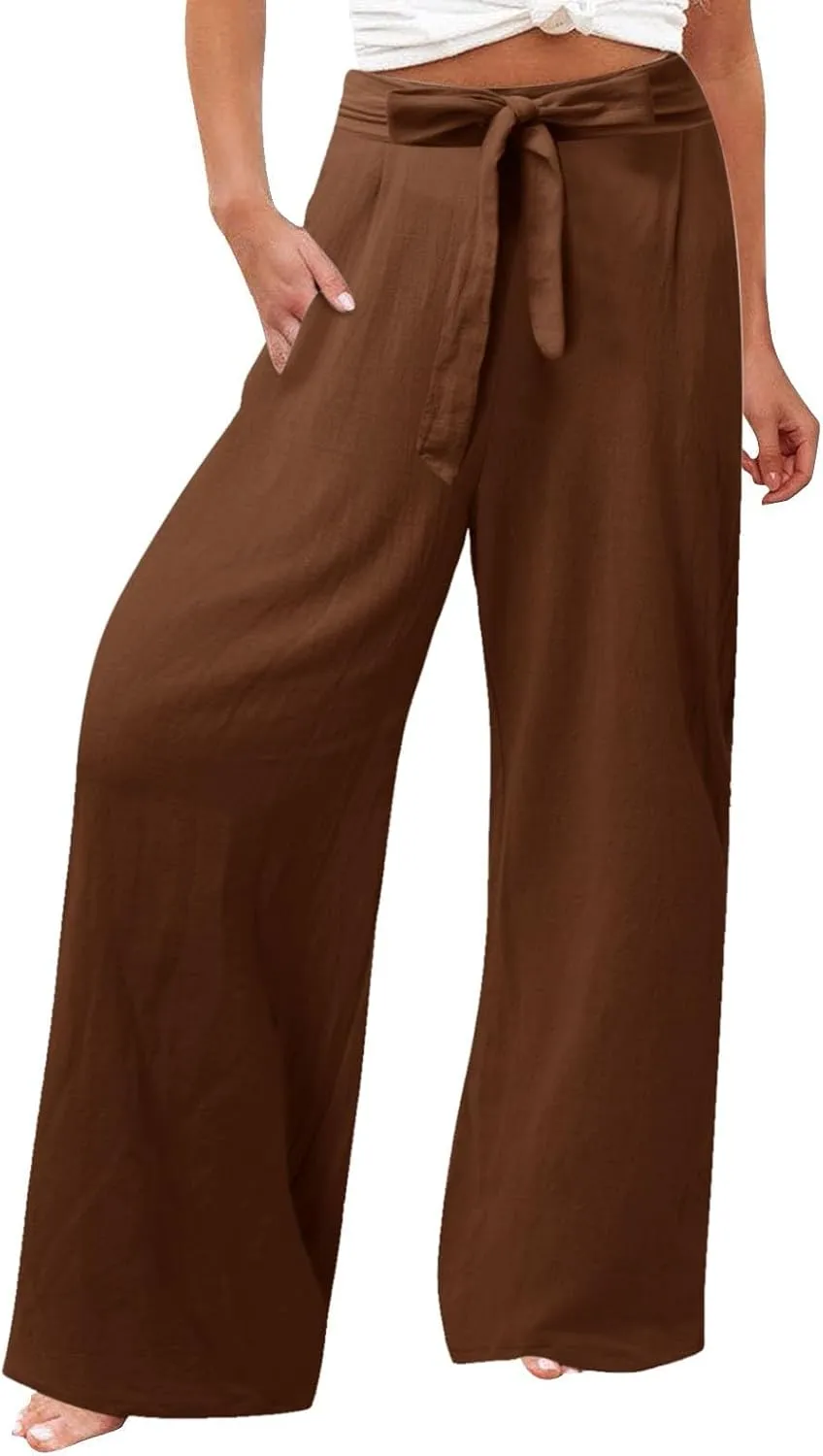 Women's Linen Summer Loose Pants Elastic Waist Long Lounge Slim-Fit Trouser Business Work