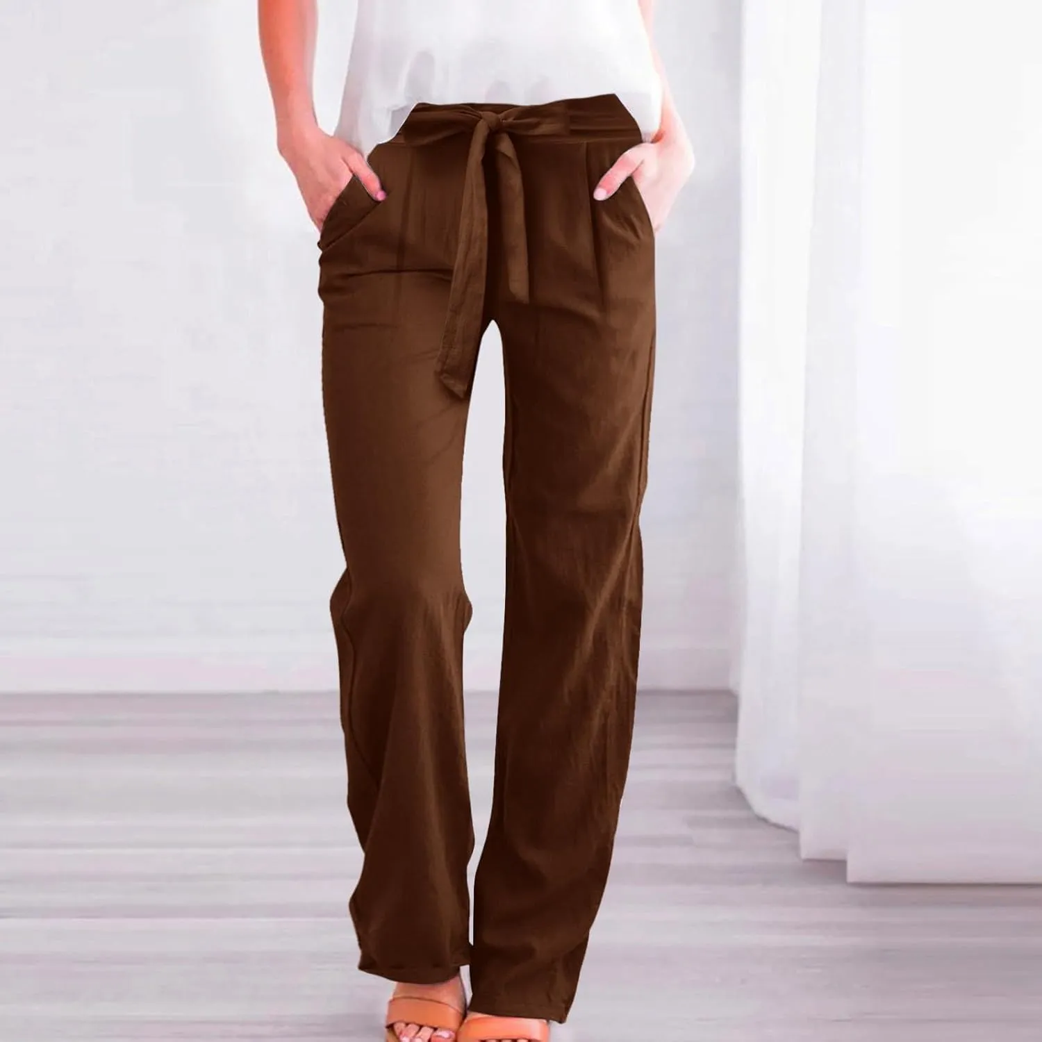 Women's Linen Summer Loose Pants Elastic Waist Long Lounge Slim-Fit Trouser Business Work