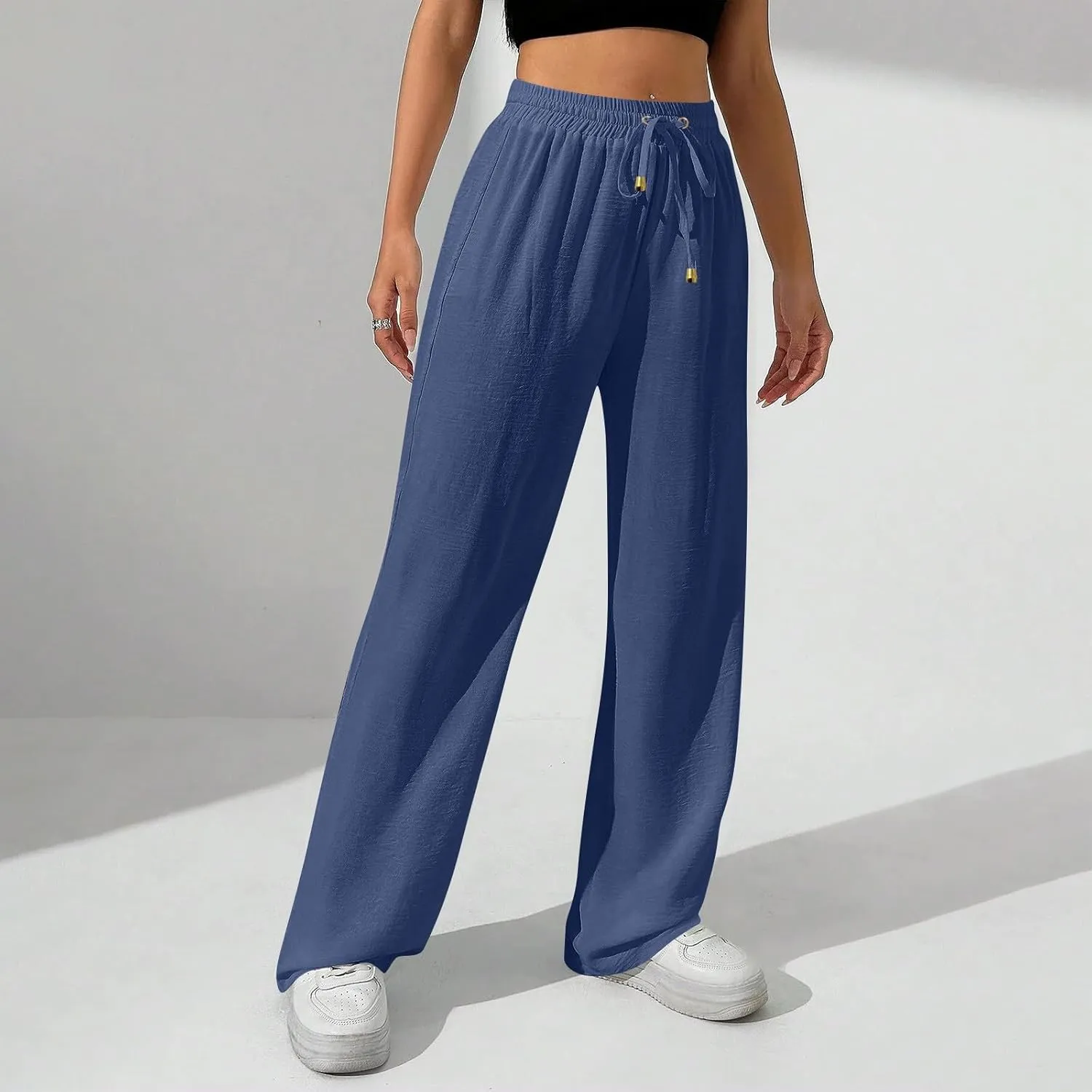 Women's Linen Summer Palazzo Pants Flowy Wide Leg Beach Pants with Pockets