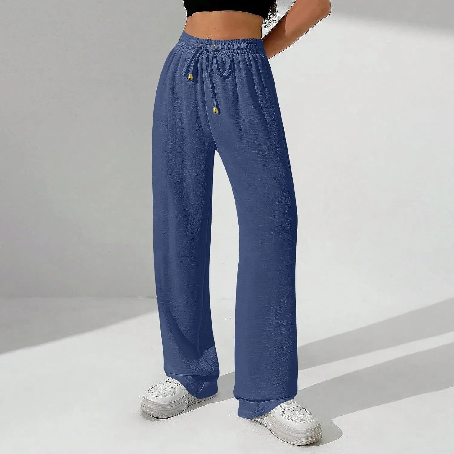 Women's Linen Summer Palazzo Pants Flowy Wide Leg Beach Pants with Pockets