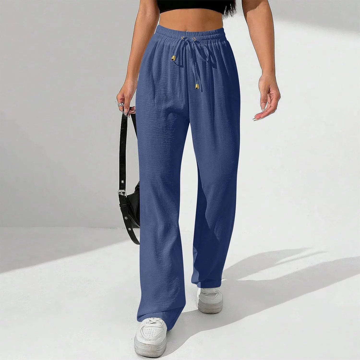 Women's Linen Summer Palazzo Pants Flowy Wide Leg Beach Pants with Pockets