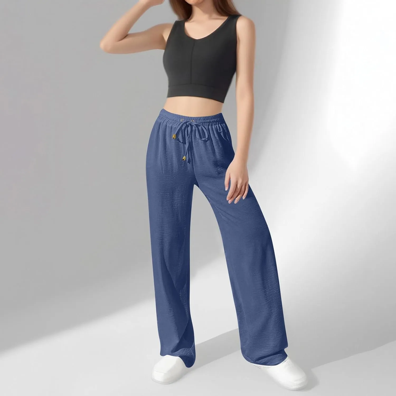 Women's Linen Summer Palazzo Pants Flowy Wide Leg Beach Pants with Pockets