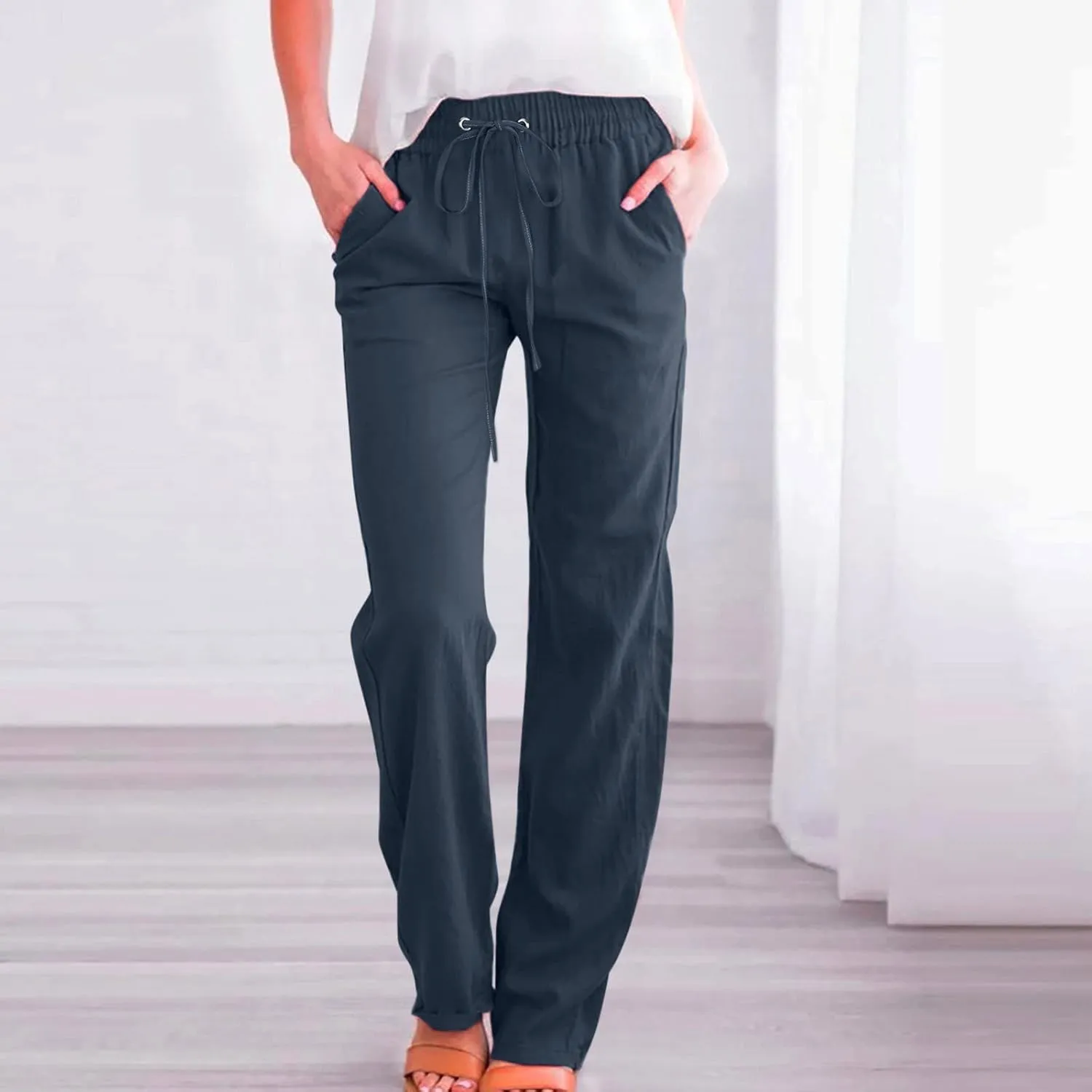 Womens Linen Summer Trendy Palazzo Pants High Waist Wide Leg Slim Fit Palazzo Pants Business Work