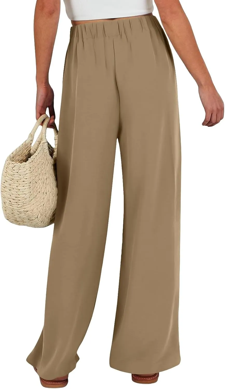 Womens Linene Cotton Pants Drawstring High Waisted Wide Leg Pant Flowy Baggy Summer Trousers with Pockets