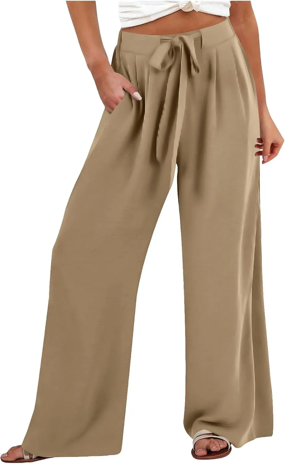 Womens Linene Cotton Pants Drawstring High Waisted Wide Leg Pant Flowy Baggy Summer Trousers with Pockets