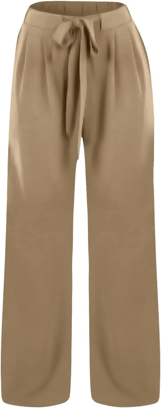 Womens Linene Cotton Pants Drawstring High Waisted Wide Leg Pant Flowy Baggy Summer Trousers with Pockets