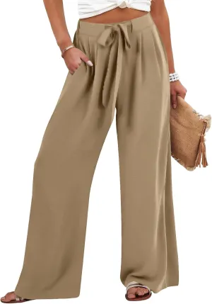Womens Linene Cotton Pants Drawstring High Waisted Wide Leg Pant Flowy Baggy Summer Trousers with Pockets
