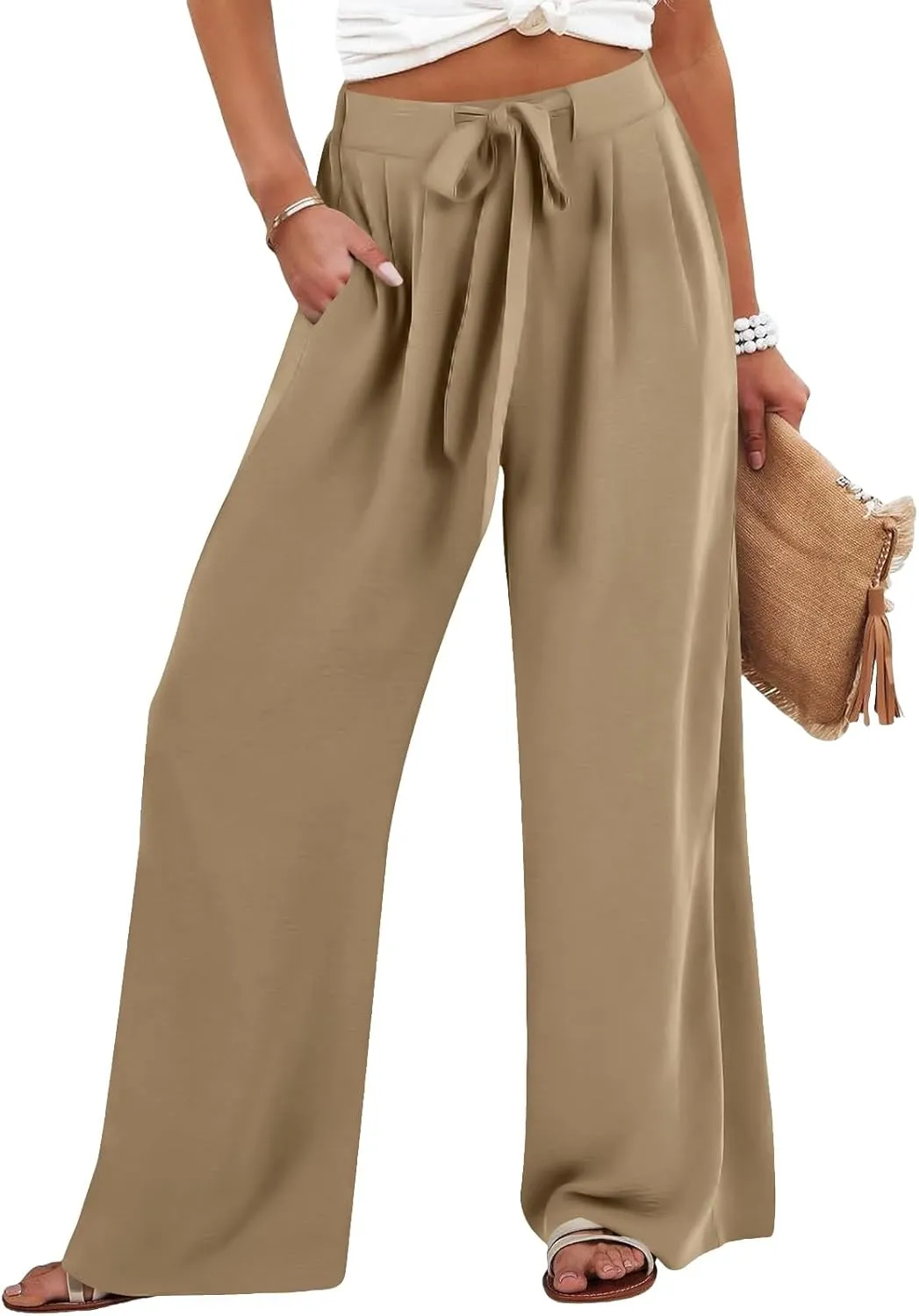 Womens Linene Cotton Pants Drawstring High Waisted Wide Leg Pant Flowy Baggy Summer Trousers with Pockets