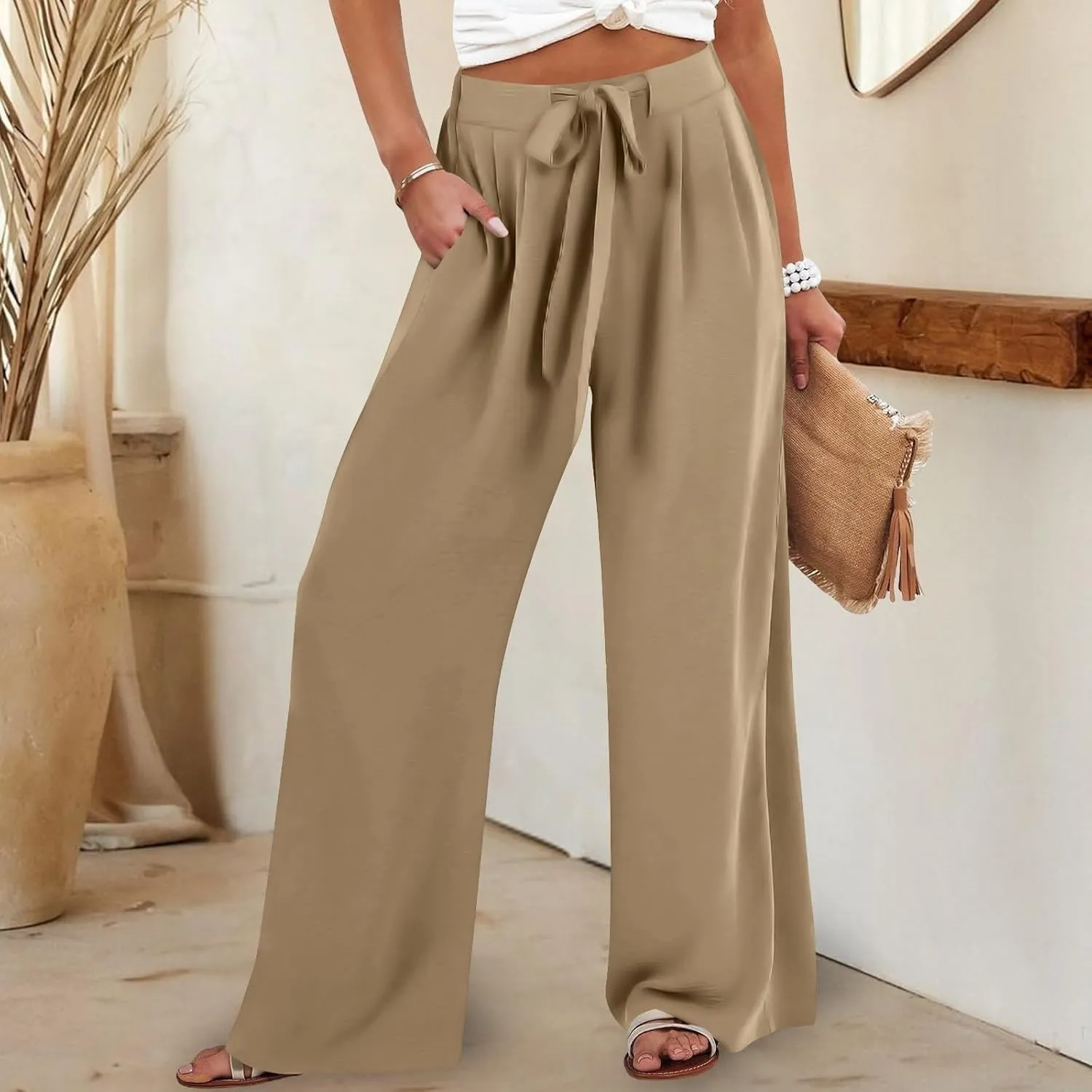 Womens Linene Cotton Pants Drawstring High Waisted Wide Leg Pant Flowy Baggy Summer Trousers with Pockets