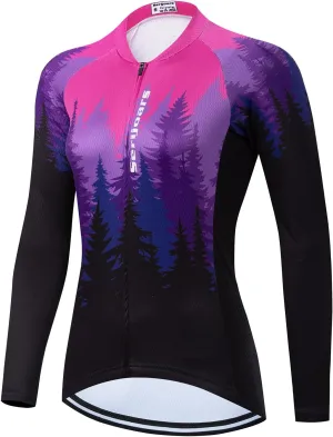 Women's Long Sleeve Cycling Jersey, Quick Dry Bike Top with Reflective Strip, Zipper and Pockets