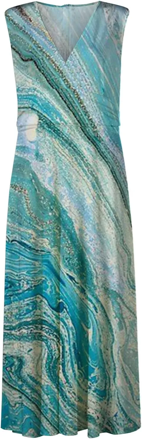 Womens Maxi Dress Wrap V Neck Sleeveless Marble Printed Flowy Swing Sundress Trendy Floral Boho Beach Party Dresses