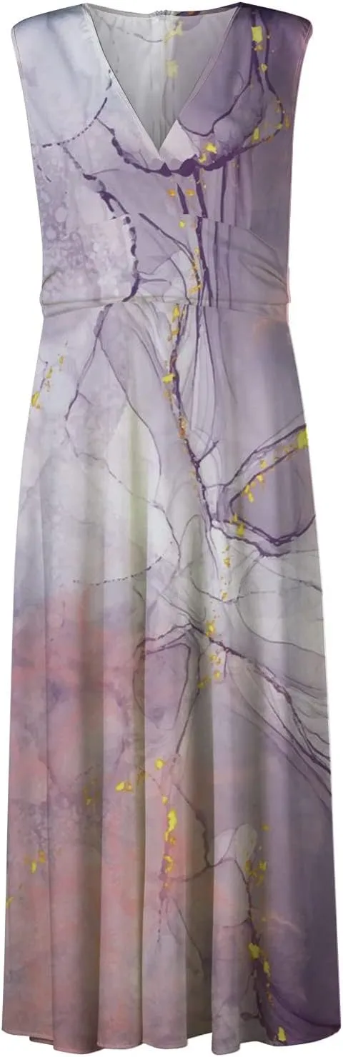 Womens Maxi Dress Wrap V Neck Sleeveless Marble Printed Flowy Swing Sundress Trendy Floral Boho Beach Party Dresses