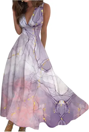 Womens Maxi Dress Wrap V Neck Sleeveless Marble Printed Flowy Swing Sundress Trendy Floral Boho Beach Party Dresses