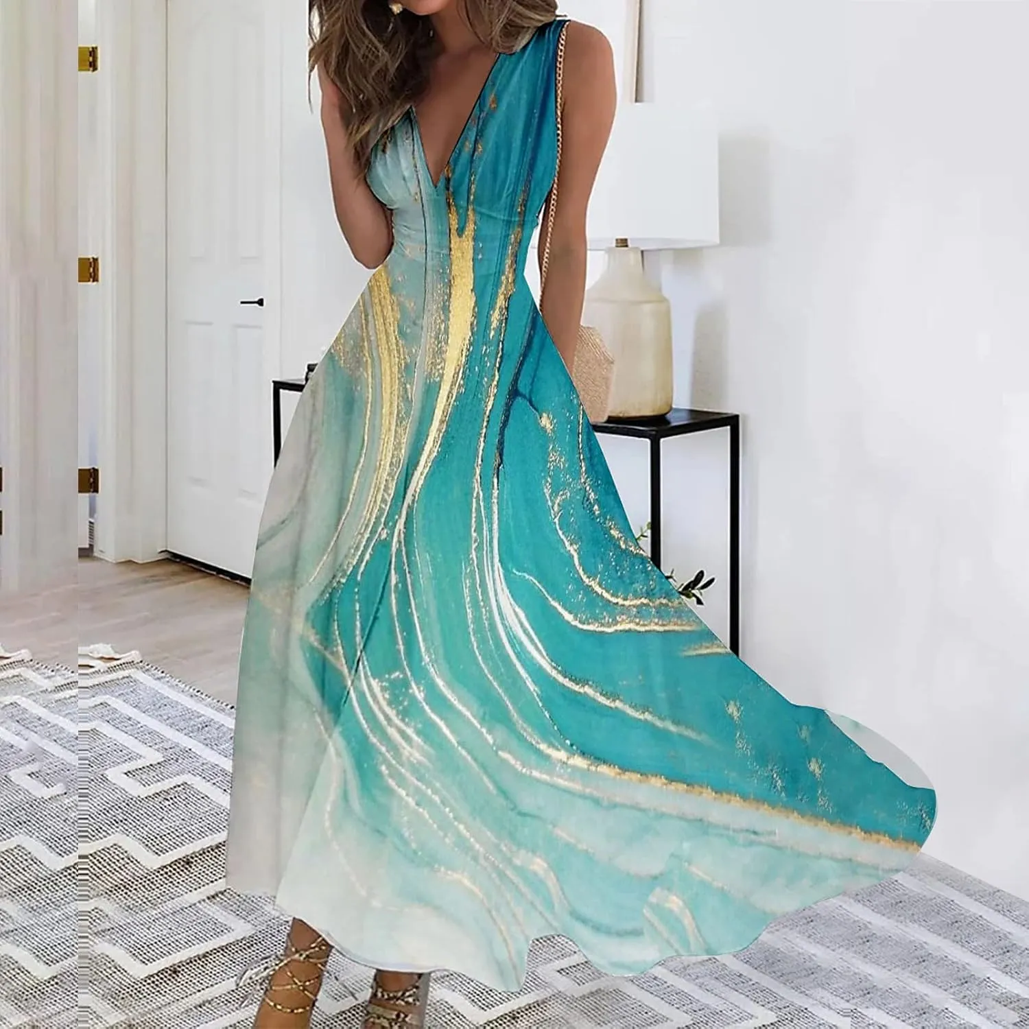 Womens Maxi Dress Wrap V Neck Sleeveless Marble Printed Flowy Swing Sundress Trendy Floral Boho Beach Party Dresses