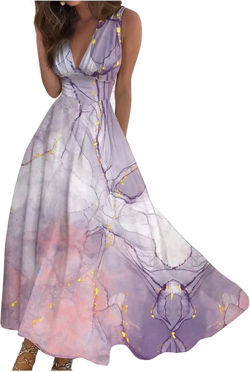 Womens Maxi Dress Wrap V Neck Sleeveless Marble Printed Flowy Swing Sundress Trendy Floral Boho Beach Party Dresses