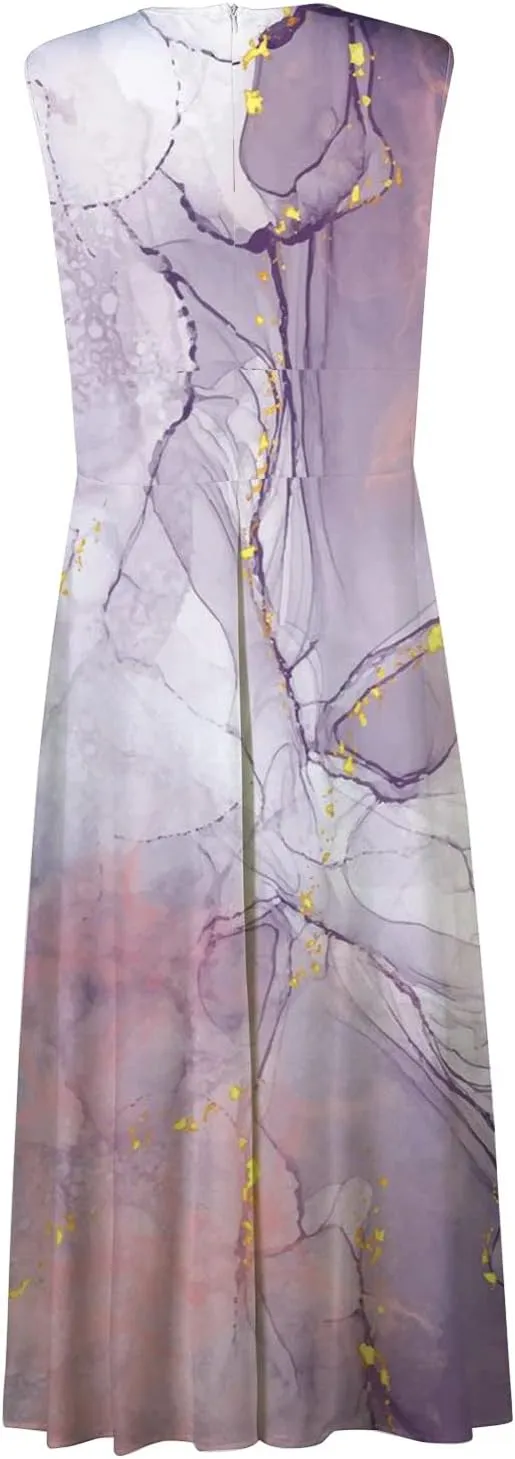 Womens Maxi Dress Wrap V Neck Sleeveless Marble Printed Flowy Swing Sundress Trendy Floral Boho Beach Party Dresses