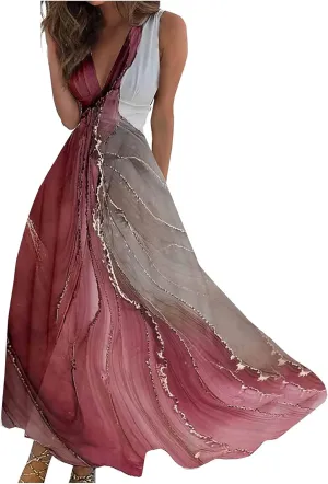 Womens Maxi Dress Wrap V Neck Sleeveless Marble Printed Flowy Swing Sundress Trendy Floral Boho Beach Party Dresses