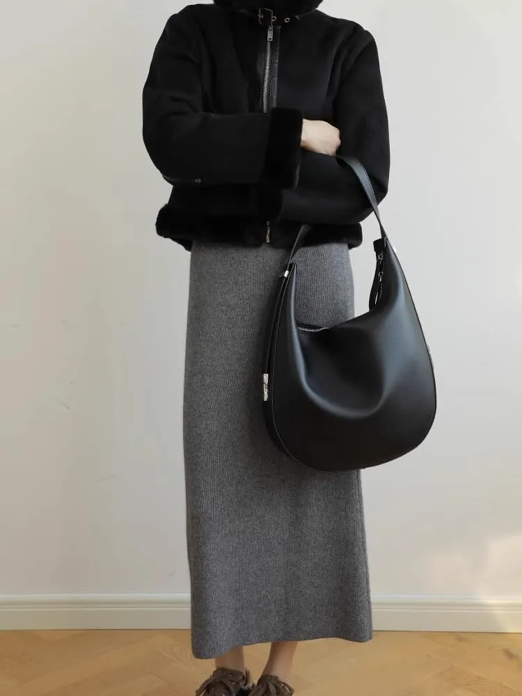 Women's Minimalist Cowhide Shoulder Crossbody Underarm Bag Hand Carry Genuine Leather Crescent Bucket Bag Hobo Versatile