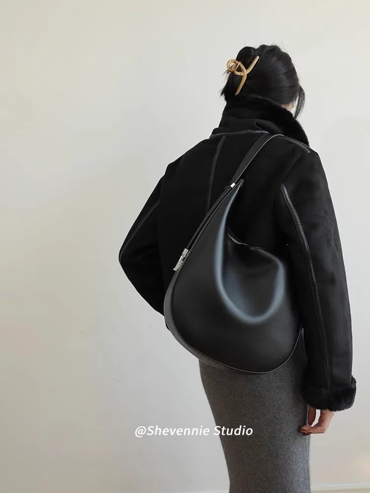 Women's Minimalist Cowhide Shoulder Crossbody Underarm Bag Hand Carry Genuine Leather Crescent Bucket Bag Hobo Versatile
