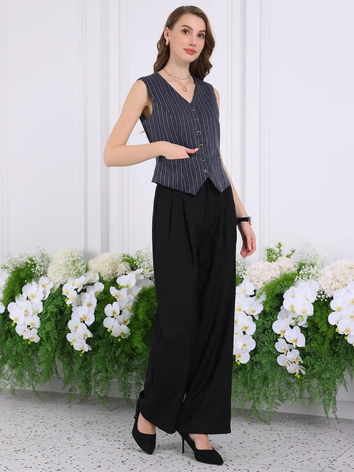Women's Pinstripe Waistcoat Button Down Vintage Striped Vest