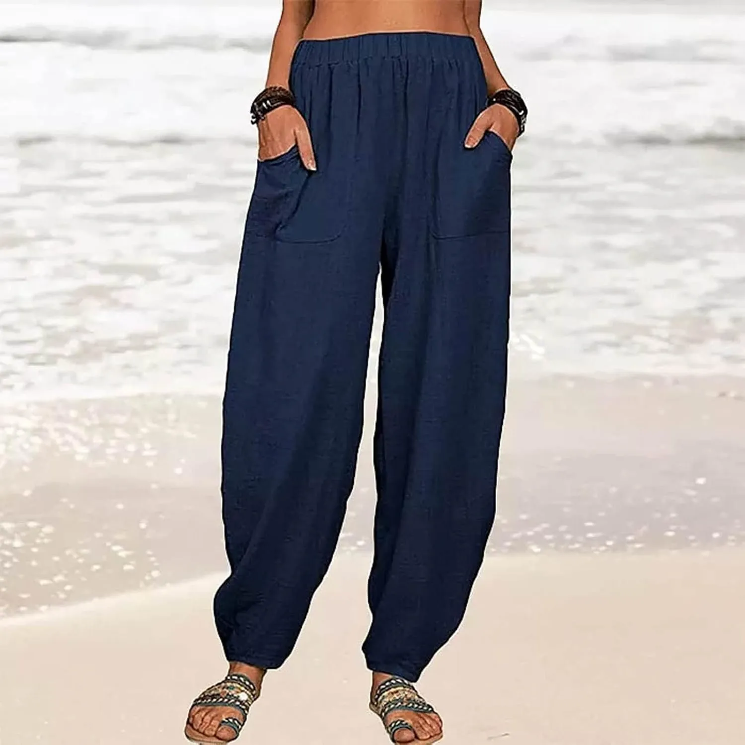 Womens Plus Size Linen Pants Casual High Waist Wide Leg Trousers Summer Trendy Loose Fit Harem Palazzo with Pocket