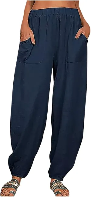 Womens Plus Size Linen Pants Casual High Waist Wide Leg Trousers Summer Trendy Loose Fit Harem Palazzo with Pocket