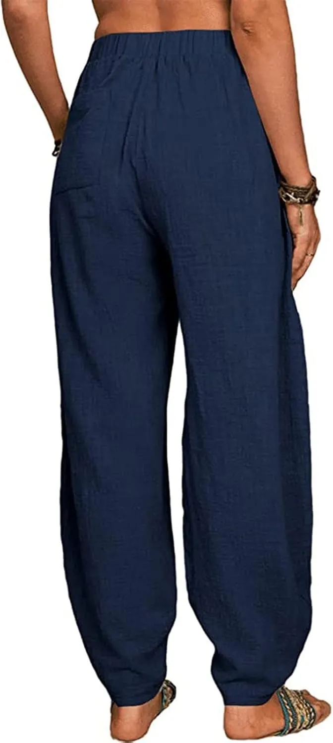 Womens Plus Size Linen Pants Casual High Waist Wide Leg Trousers Summer Trendy Loose Fit Harem Palazzo with Pocket