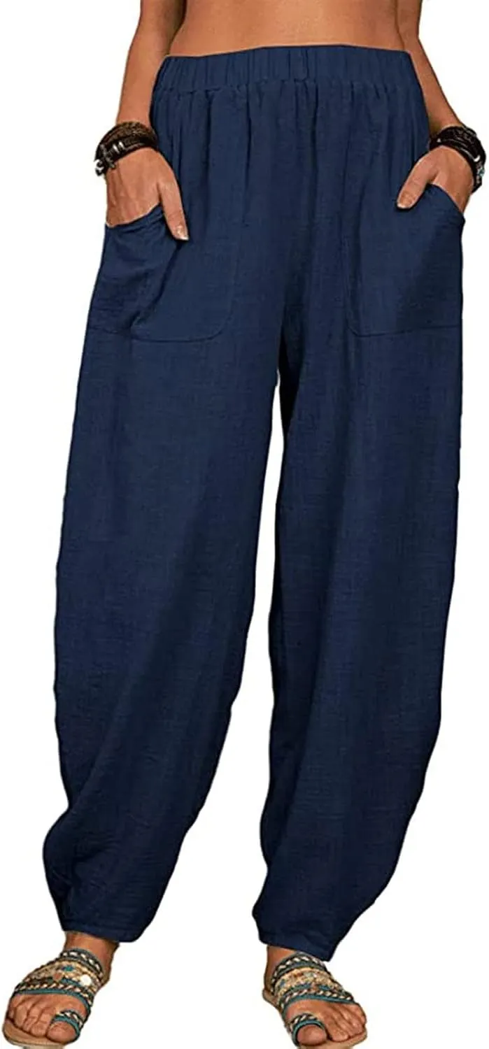 Womens Plus Size Linen Pants Casual High Waist Wide Leg Trousers Summer Trendy Loose Fit Harem Palazzo with Pocket